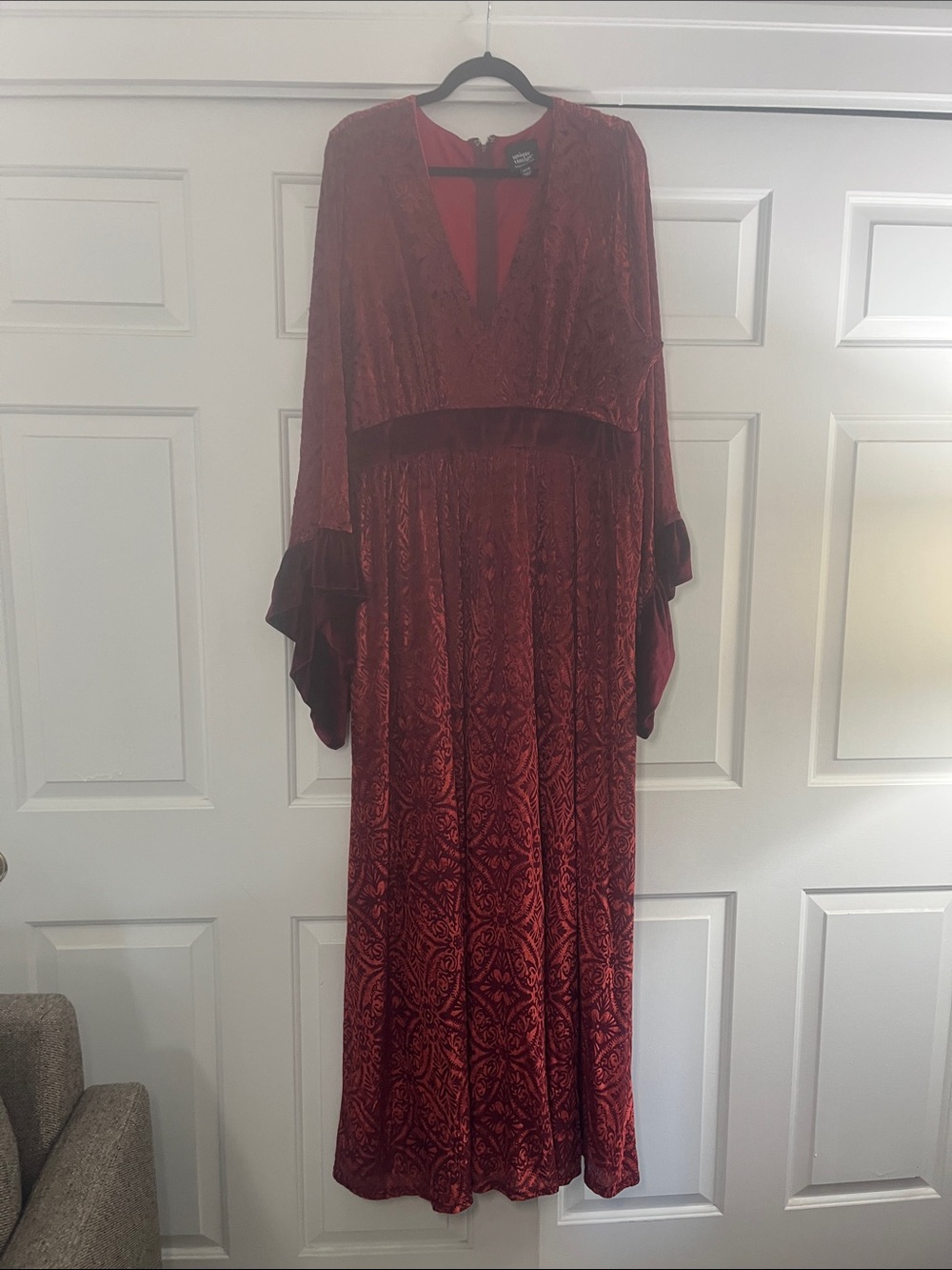 Unique Vintage Burgundy Velvet Jacquard Maxi Dress